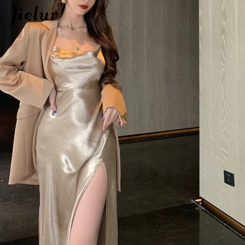 Jielur Elegant Satin High Waist Split Camisole Dress Women Champagne Sexy Bodycon Dresses for Women 2021 Summer Party Dress S-M