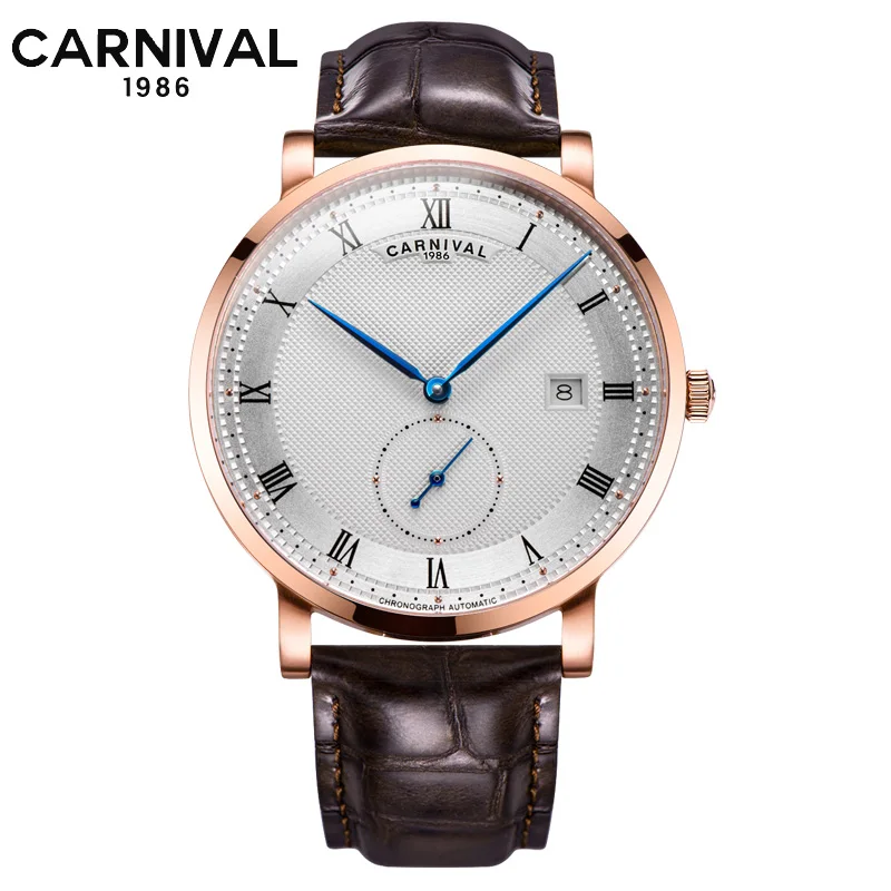 Carnival Brand Luxury Business Watch Fashion Waterproof Rose Gold Silver Calendar Automatic Mechanical Wristwatch For Men Reloj