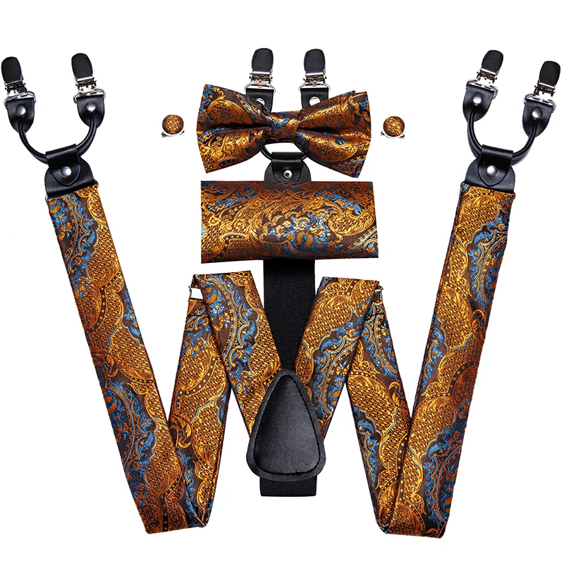 Hi-Tie Silk Adult Men\'s suspenders Set Leather Metal 6 Clips Braces Gold Yellow Floral Vintage Man Fashion Wedding Daily Male