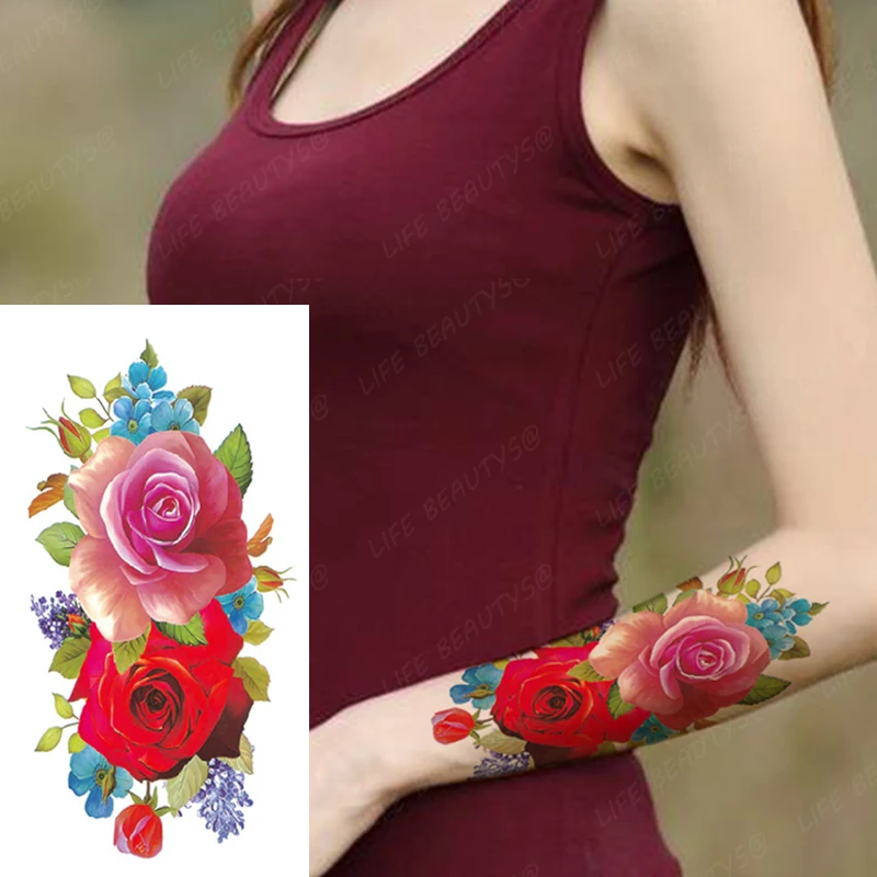 Wasserdicht Temporäre Blume Tattoos Frauen Mode Schönheit Rose Schmetterling Flash 3D Gefälschte Tattoo Arm Hülse Rosa Blau Aufkleber Mädchen