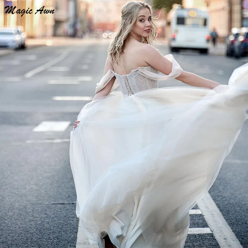 Magic Awn-Vestidos De Novia De encaje con hombros descubiertos, ropa De boda De tul suave, corte en A, con cordones en la espalda