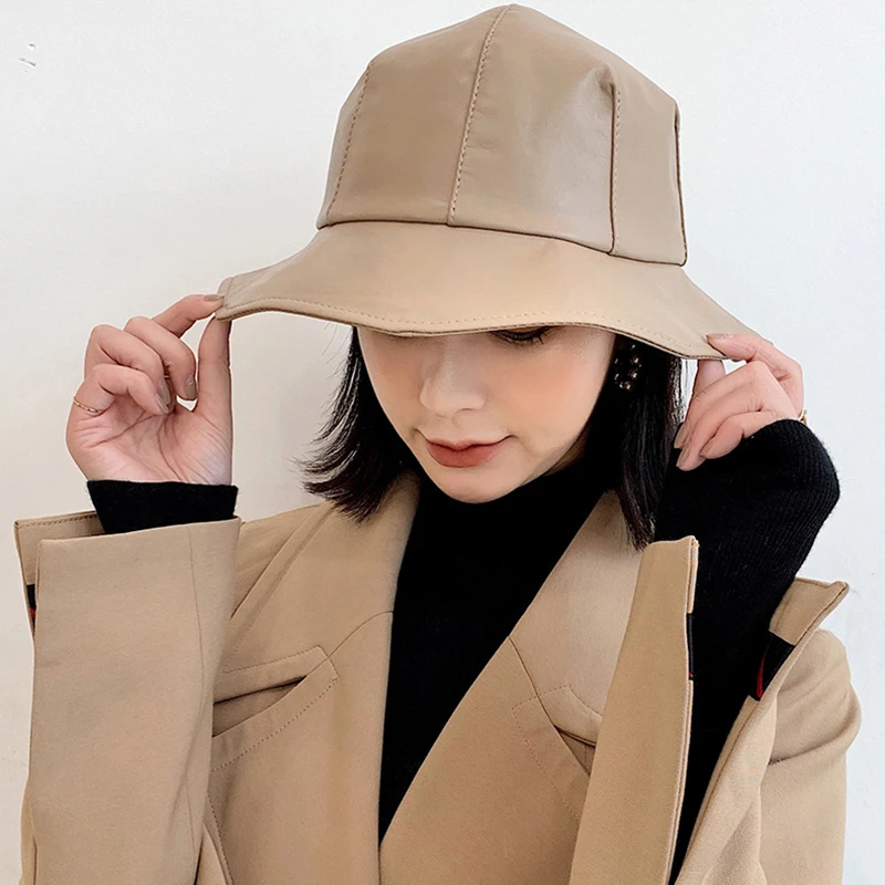 Autumn Winter New Real Leather Hat Women Western Fashion Wearing Bucket Sheepskin Hats Female Outdoor Leisure Basin Sun Caps