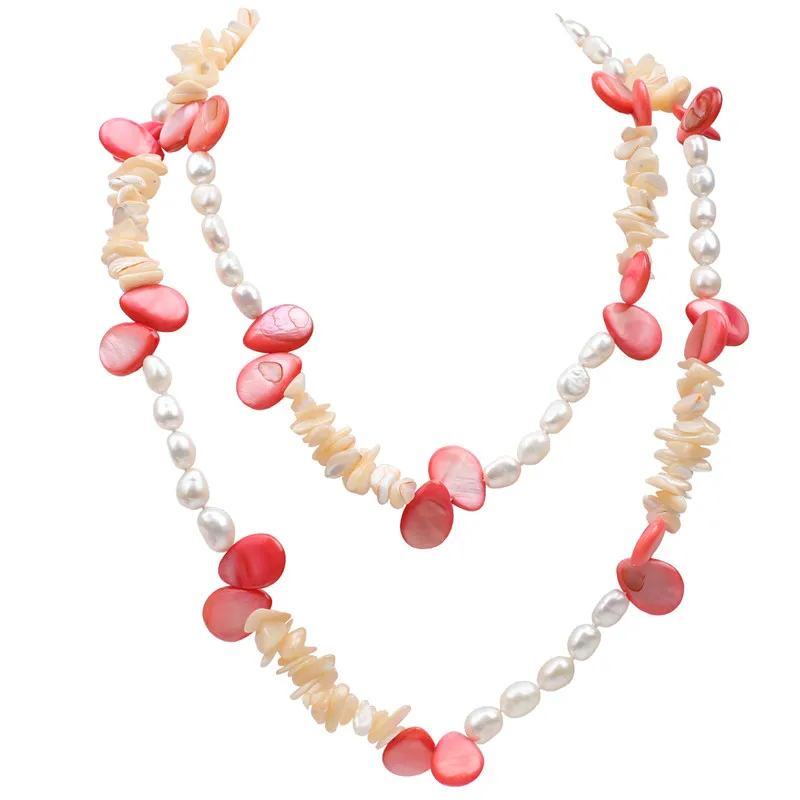 Free shipping red shell natural baroque shape real pearl handmade women long sweater necklace wedding hot sell gift female