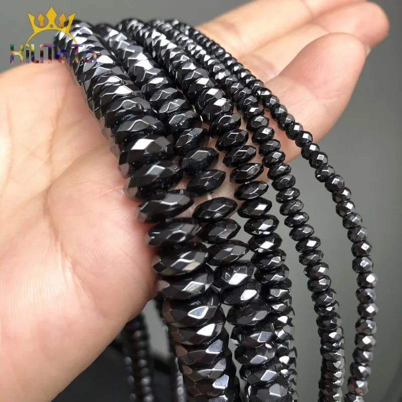Faceted Black Hematite Stone Beads Natural Round Loose Beads For Jewelry DIY Making Cuboid Bracelet 15\'\' 3*2/4*2/6*3/8*4/10*4mm