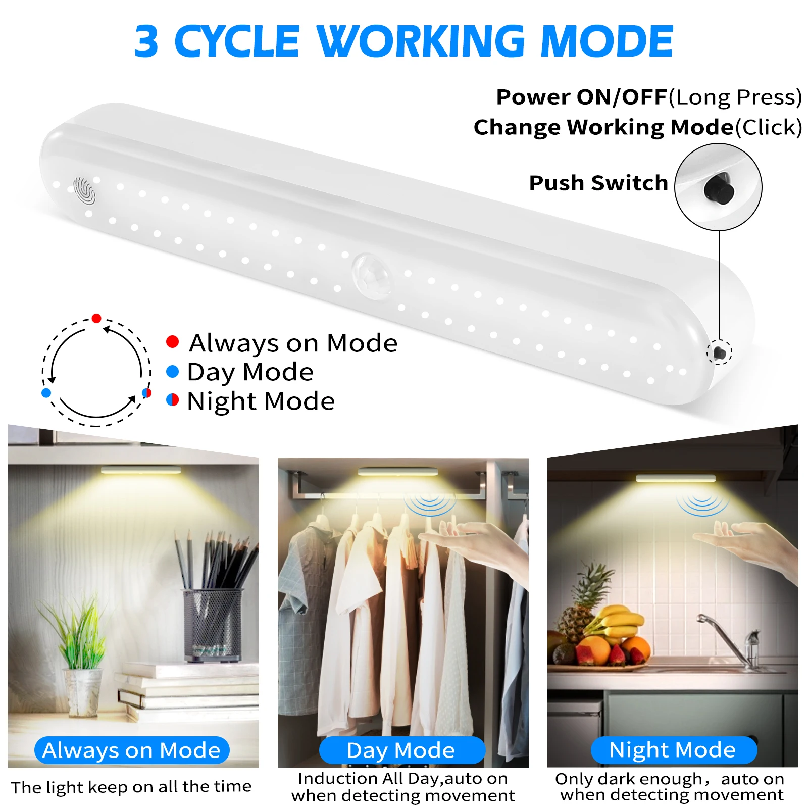 Luz noturna de led com sensor de movimento, sem fio, recarregável, usb, luz de fundo, para armários, cozinha, guarda-roupas