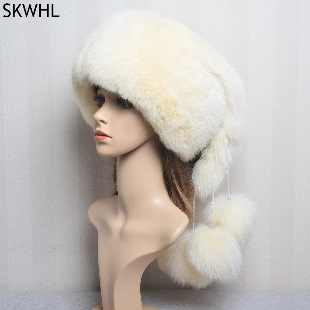 Winter Warm Women Russian Raccoon Royal Fur Caps Fox fur Hat Dome Mongolian Hat Fur Hat Luxury Lady Natural Fox Fur Bomber Hat