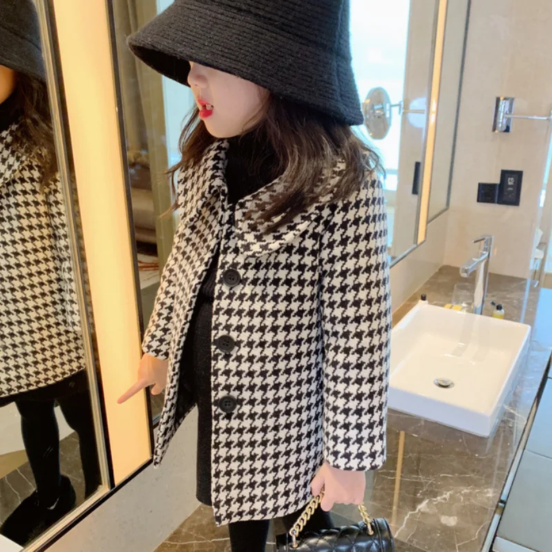 Baby Girl Woolen Jacket Plaid Lattice Warm Infant Toddle Lapel Tweed Coat Winter Autumn Spring Baby Windbreaker Overcoat Clothes