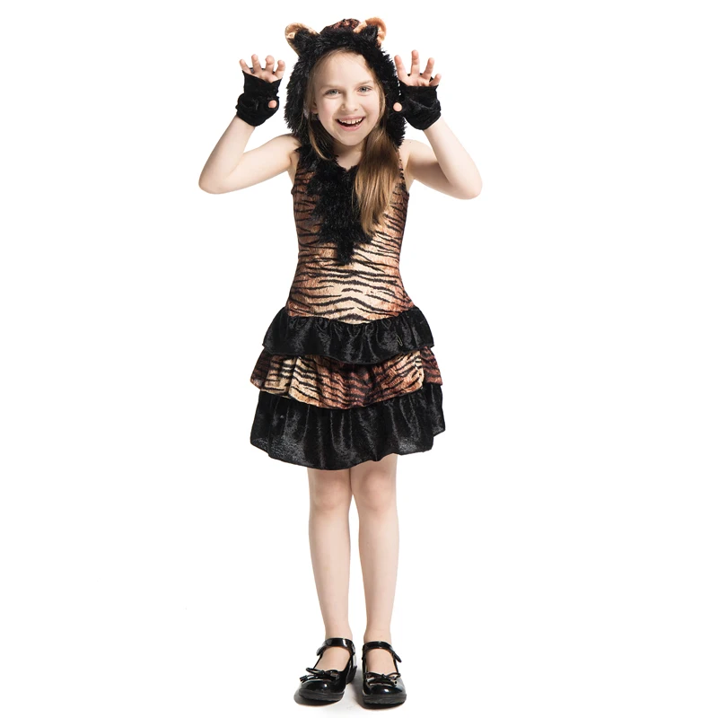 Girls Cute Jungle Tiger Animal Themed Tigress Child Kids Playtime Fancy Dress Halloween Party Carnival Cosplay Costume