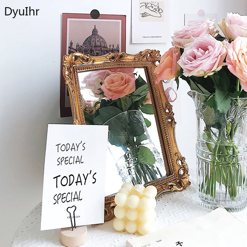 DyuIhr retro European style carved desktop mirror vanity mirror wall-mounted bathroom mirror home decoration photography props