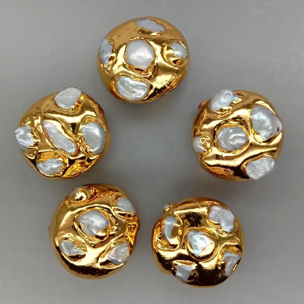 5 pcs Freshwater Cultured White Keshi Pearl Beads Gold Plated Coin Beads