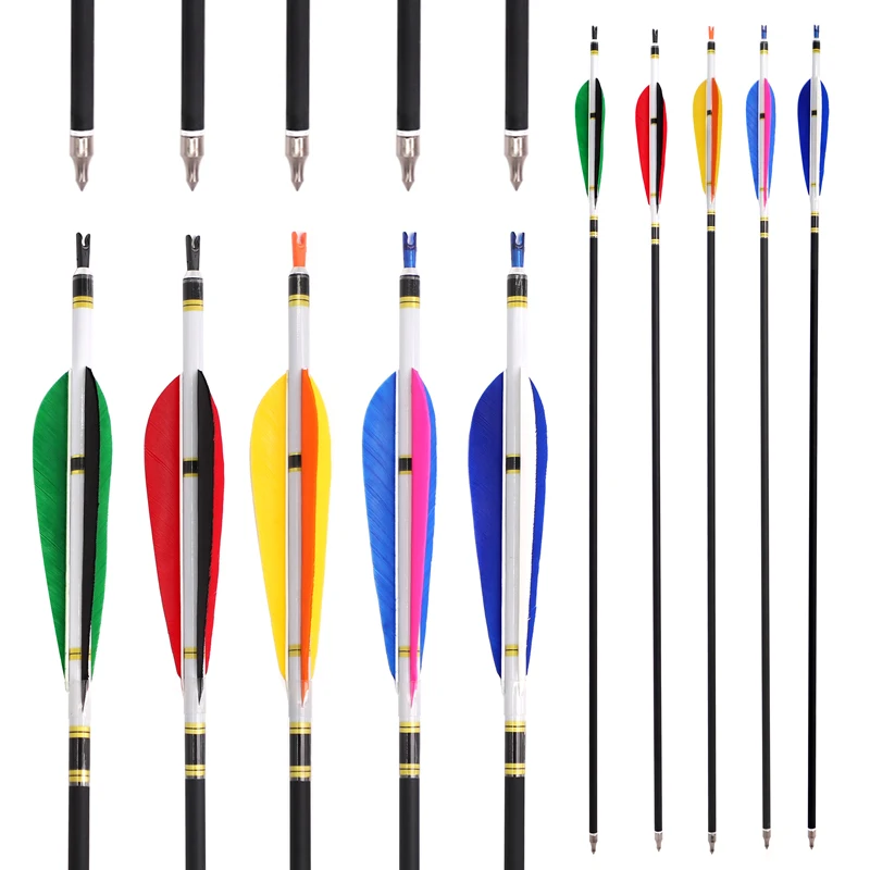 

30in OD 7.8mm Mixed Carbon Arrow Spine 500 with 5inch Turkey Feather for Recurve/Compound/Longbow Bow Archery Hunting Shooting