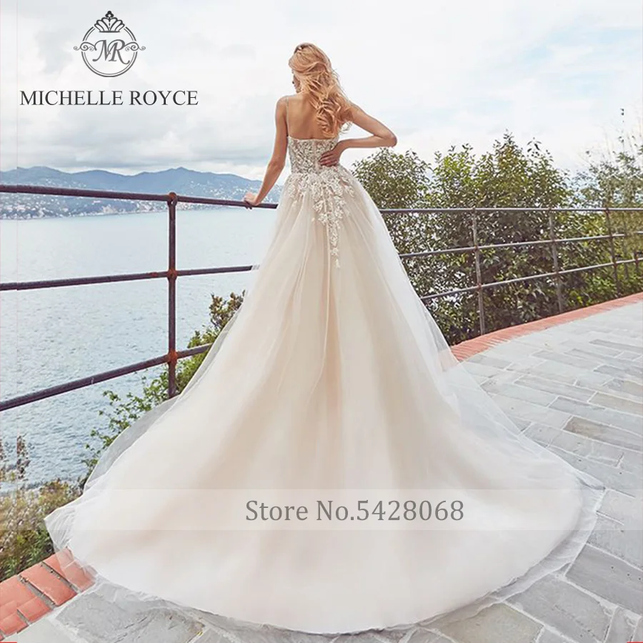 Michelle Royce A-Line Wedding Dresses For Women Sexy Bride V-neck Spaghetti Appliques Chapel Train Wedding Gown Vestido De Novia