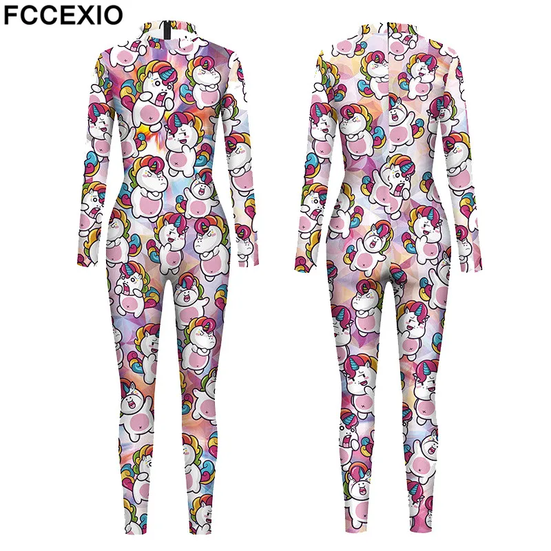 FCCEXIO Female Rainbow Unicorn Print Sexy Bodysuits Women  Back Zipper Party Slim Jumpsuits New Skinny Long Rompers