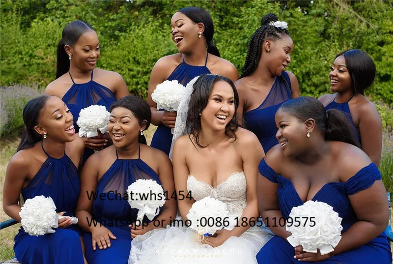 Vestidos Elegantes de sirena para dama de honor, vestidos de fiesta de boda con abertura lateral larga Africana azul real 2023