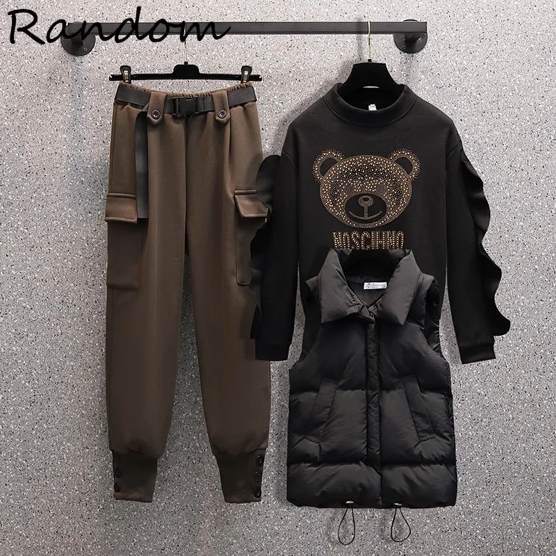 Plus Size 4XL Women Trouser Winter Warm Suit Vest Jacket Coat Sweatershirt Top Pant Three Piece Set Outfit Outwear Thicken Cloth