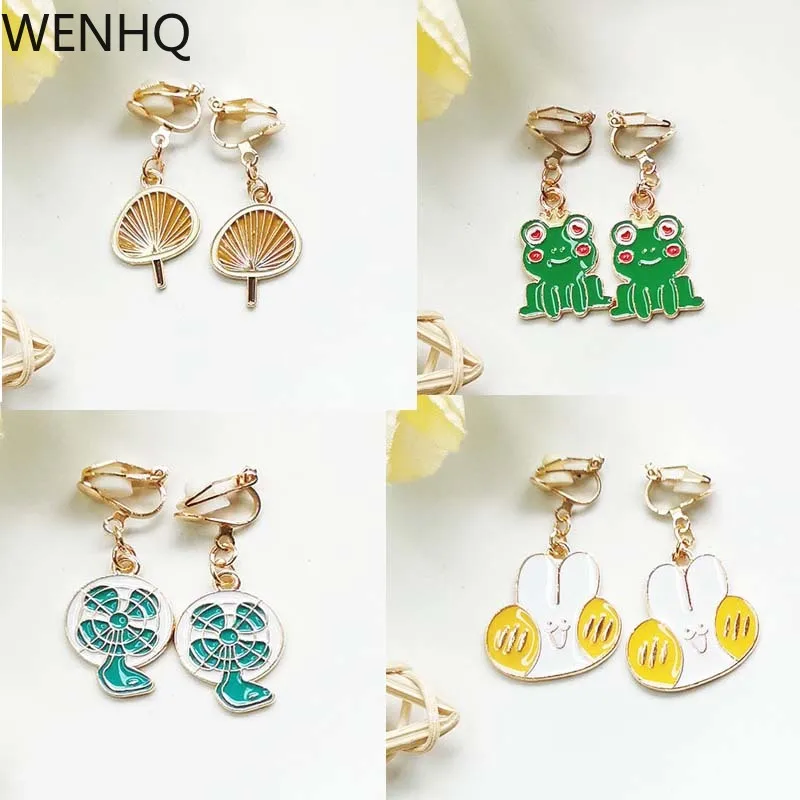 WENHQ Korean Cute Gold Color Rabbit  Frog Meteor Shape Clip on Earrings No Pierced Party Birthday Fashion Jewelry Cuff Earrings