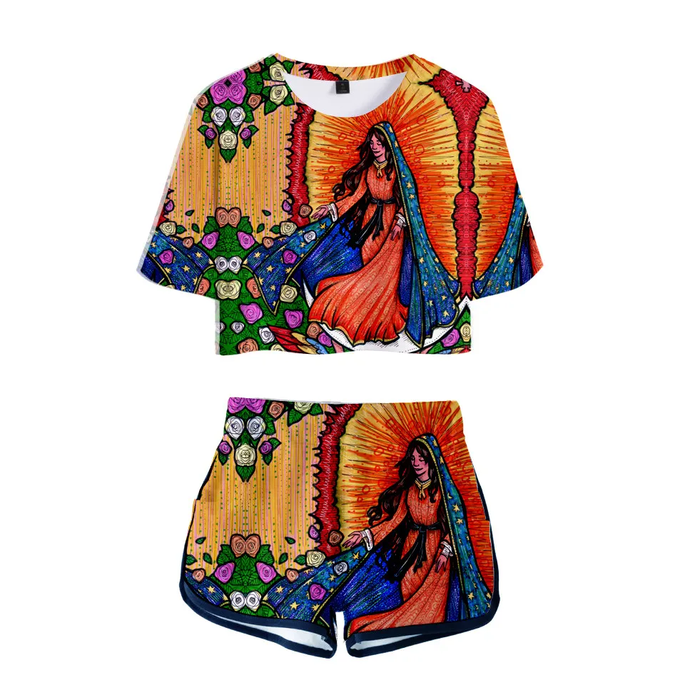 Deutsche Diego De Guadalupe Jungfrau Maria 3D T-Shirt Damen Trainingsanzug 2-teiliges Set Crop Tops und Shorts Casual Cosplay Shorts Set
