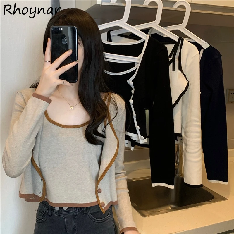 

2 Piece Sets Women Panelled Leisure Slim All-match O-neck Single Breasted College Knitted Stretchy Elegant Cozy Female Ulzzang