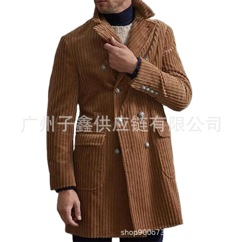 

Woolen Coat Windbreaker Mens Corduroy Lapel Double Row Button Casual Jacket Men's Slim Fit Long Coat Man Coat Homme Plus Size