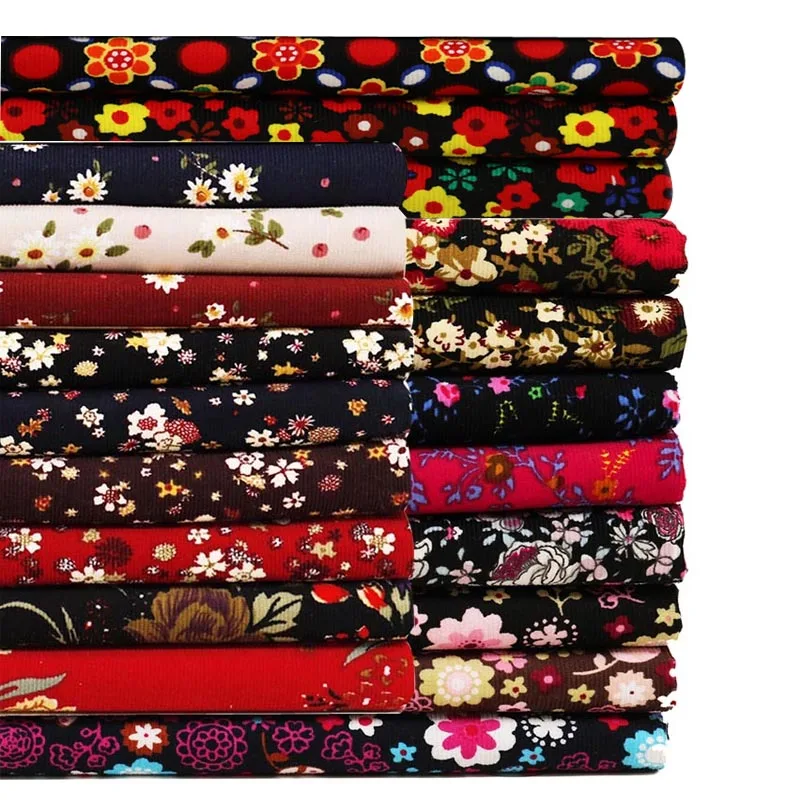 100% Cotton 21W Fine Corduroy soft BLACK RED BROWN PINK Small White flower Floral  Fabrics for DIY Dress Shirt Craft Home Decor