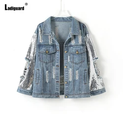 Women Sexy Ripped Denim Jacket Hollow Out Sequins Demin Jackets Vaqueros Mujer 2021 Single Breasted Top Outerwear Jean Coats