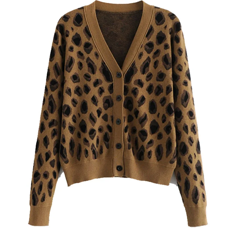 Women\'s Knitted Sweater Cardigan Spring Autumn Long Sleeve V-neck Single-breasted Leopard Print Sweaters Coat Female Tops K69