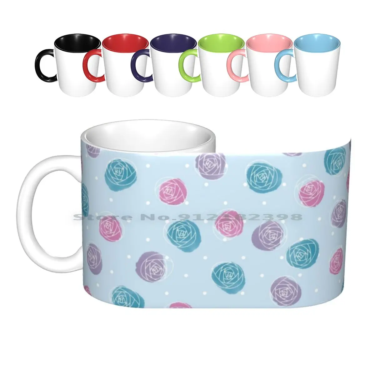 

Rose Pattern With Polka Dots Pastel Blue Ceramic Mugs Coffee Cups Milk Tea Mug Sarah Heal Sasafulart Rose Polka Dot Pastel Pink