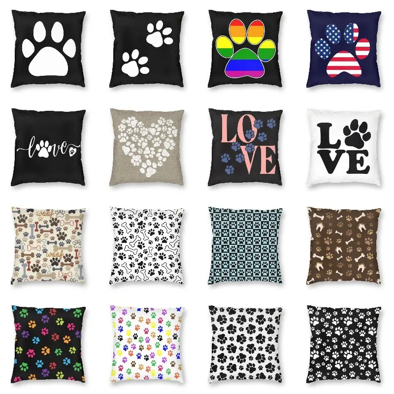 Love Dog Paws and Bones Pattern Print Square Pillow Case Decoration Pet Footprint Gift Cushions Cover Throw Pillow for Sofa Car