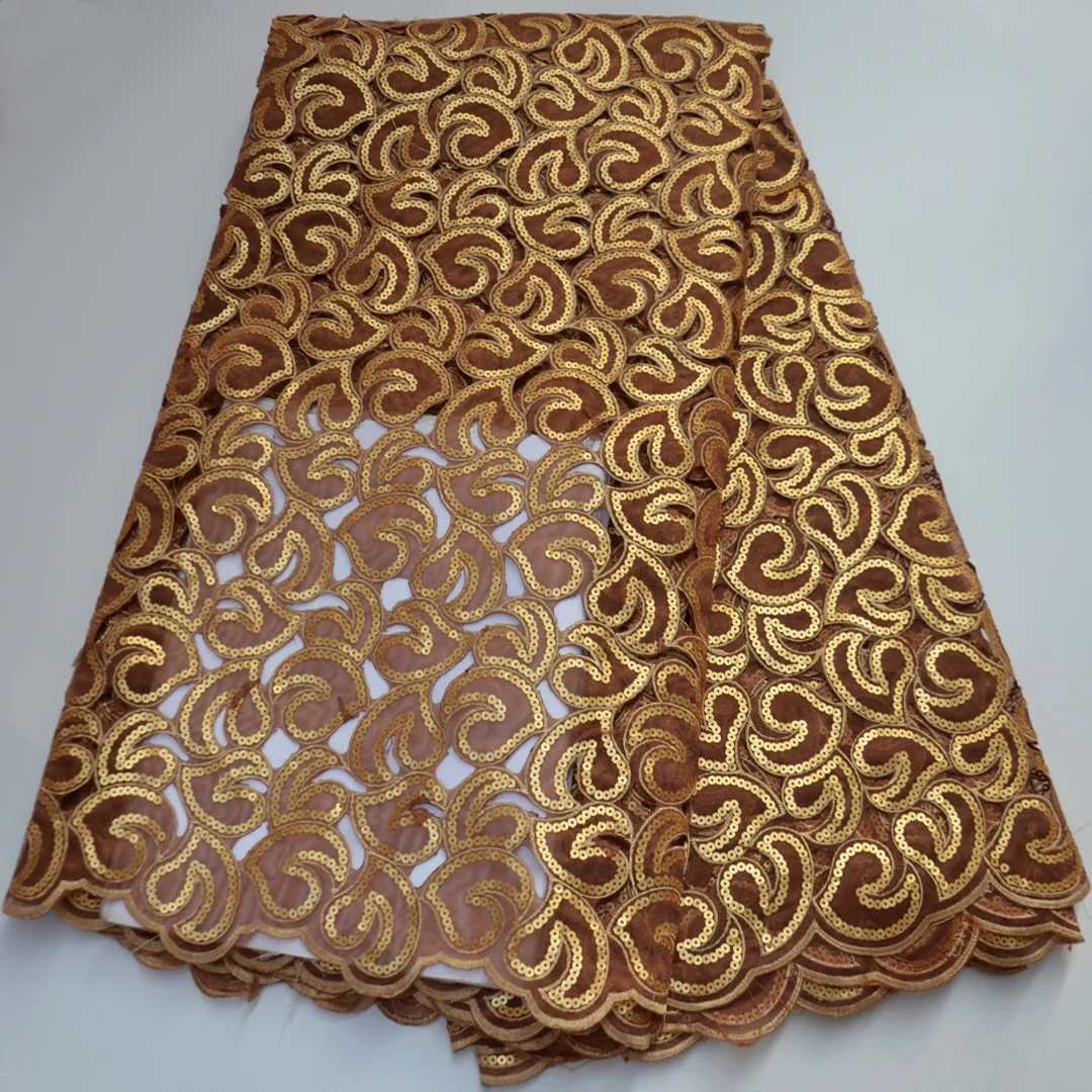 

(5yards/pc) high quality coffee gold African handcut organza lace fabric with wonderful sequins embroidery for party dress OP142