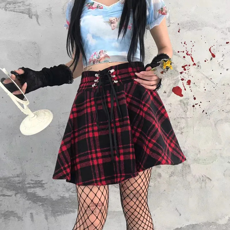 2024 High Waist Mini Gothic Skirt Lace Up Front A-Line Checkered Harajuku Dancing Clubwear Women Style Sweat Short Punk Skirts