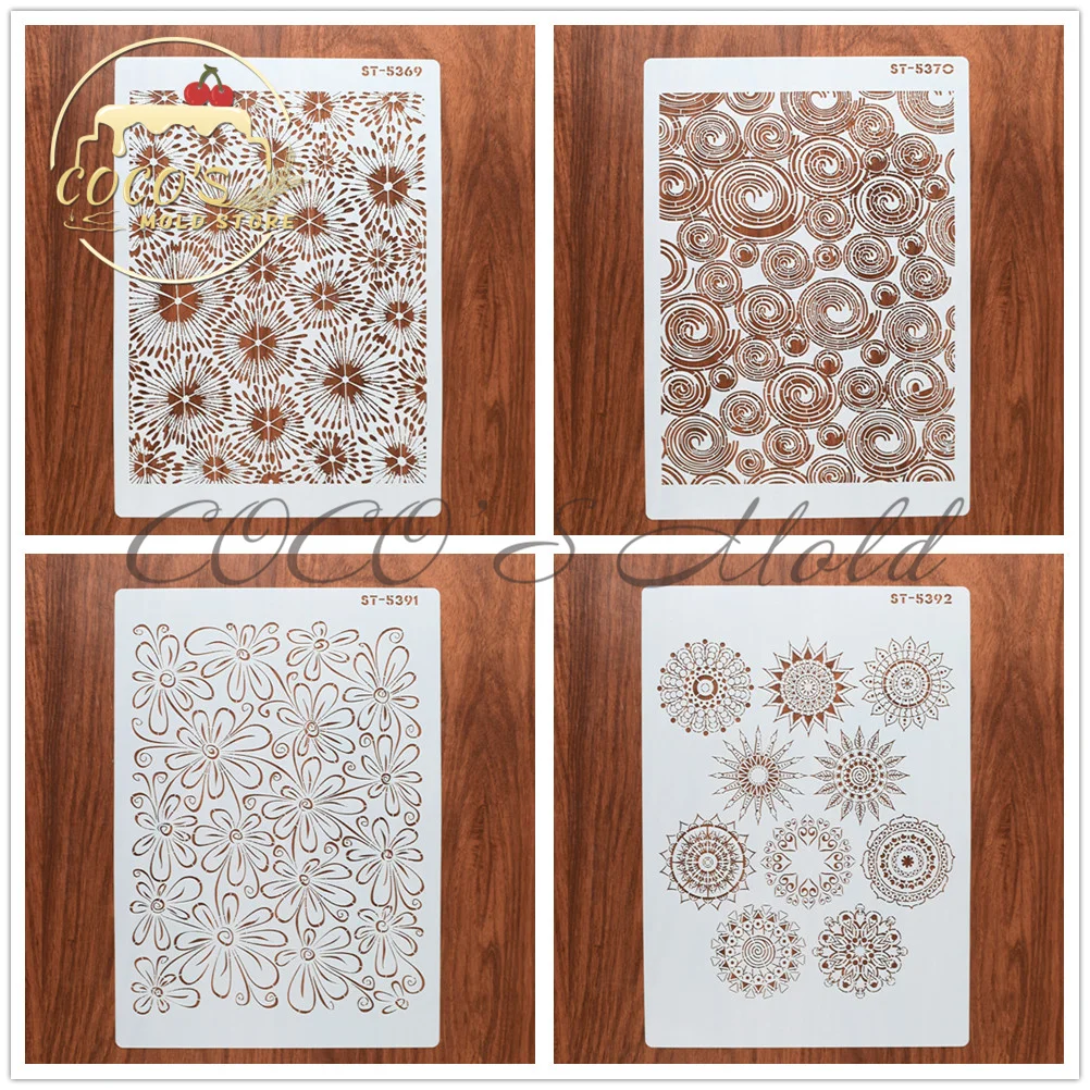 A4 Size Firework/Flower Design Cake Stencils DIY Plastic Scrapbooking Painting Drawing Template Kitchen Cake Tools