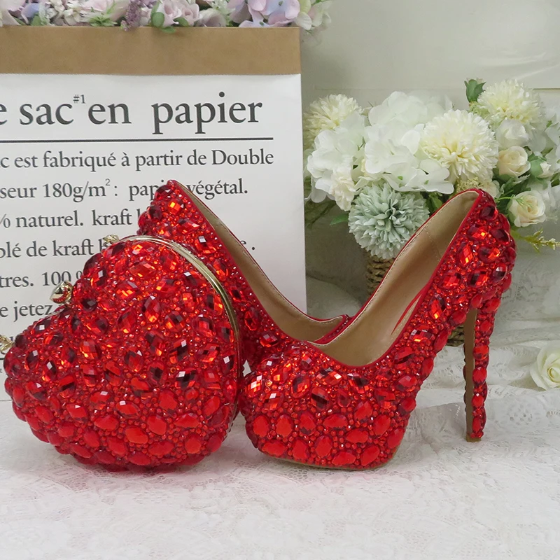 BaoYaFang Red rhinestone Women wedding shoes with matching bags Bride woman shoes and purse Platform shoes female Pumps