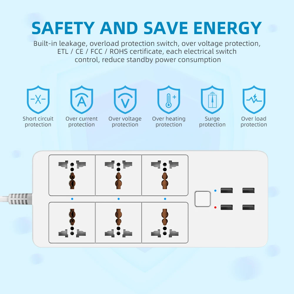واي فاي الذكية قطاع الطاقة العالمي مع 5V3.1A بلوتوث التحكم اليكسا جوجل الرئيسية متعدد التوصيل 6AC 4USB صوت Contro المملكة المتحدة/الاتحاد الأوروبي/الولايات المتحدة/الاتحاد الافريقي