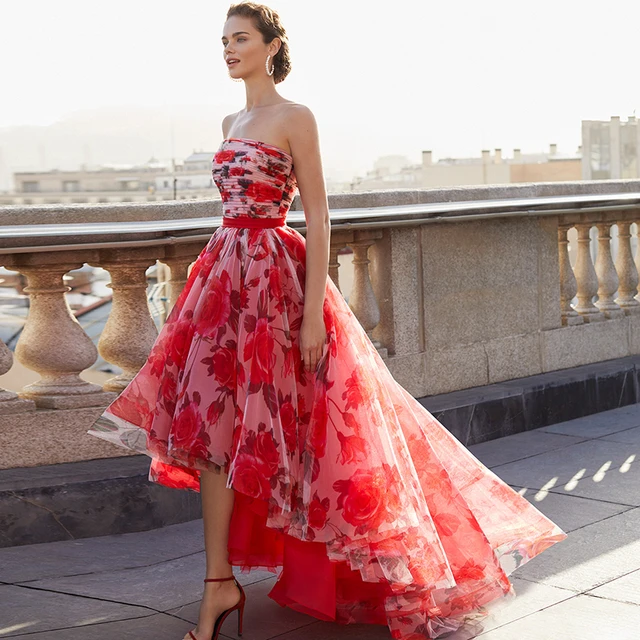 Floral Print Prom Party Dress Strapless A Line Short Front Long Back Lady Evening Gown Vestidos