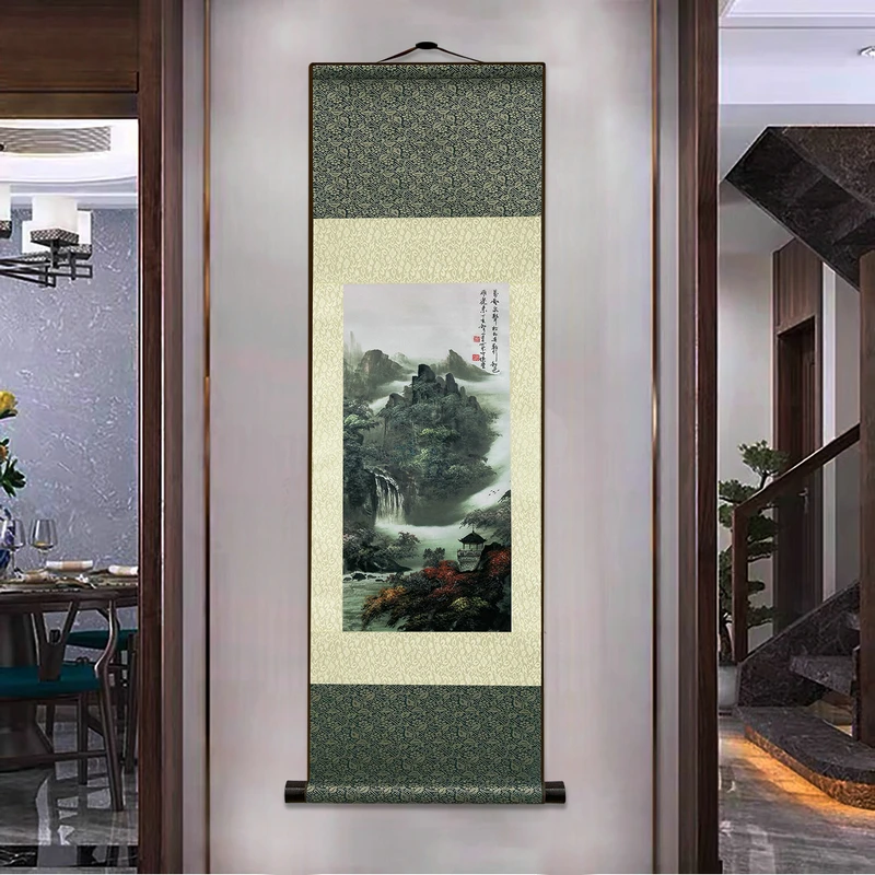 Chinese Style Ink Silk Scroll Painting Silk Reel Rolling Wall Hanging Art for Wall Picture Decoration (39 in x 12 in)