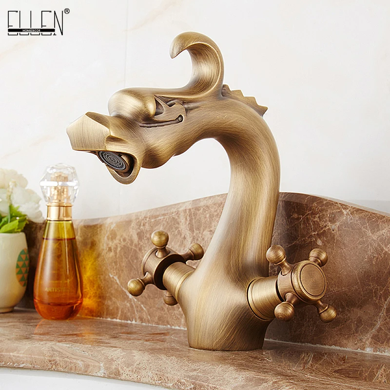 

ELLEN Dual Handle Bathroom Sink Faucets Antique Bronze Hot Cold Water dragon Mixer Tap Crane Basin Sink Faucet EL1031