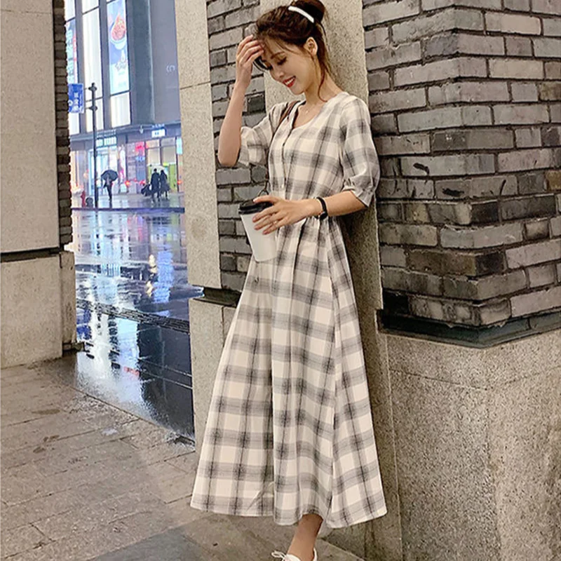 Dresses Women Summer High Street Plaid Students Fashion Korean Style  Ankle-length Button Female Hipster Slim Ulzzang Vintage Ins - AliExpress  200000345