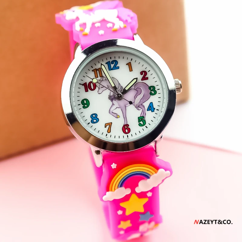 Promozione new fashion children lovely cartoon animal quartz watch 3D girls student horse dial rose rainbow orologio con cinturino in silicone