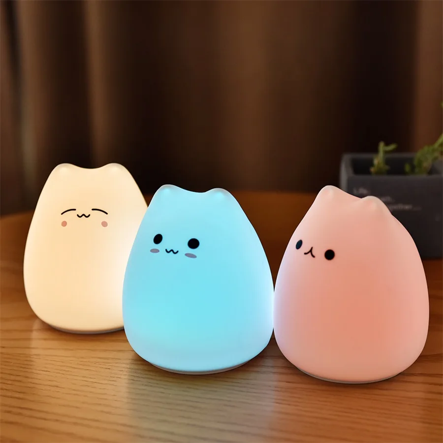 Lampka nocna Cute Cat dla niemowląt Kreskówka 7-kolorowa silikonowa lampka nocna z czujnikiem dotykowym Lampa stołowa do dekoracji sypialni w domu