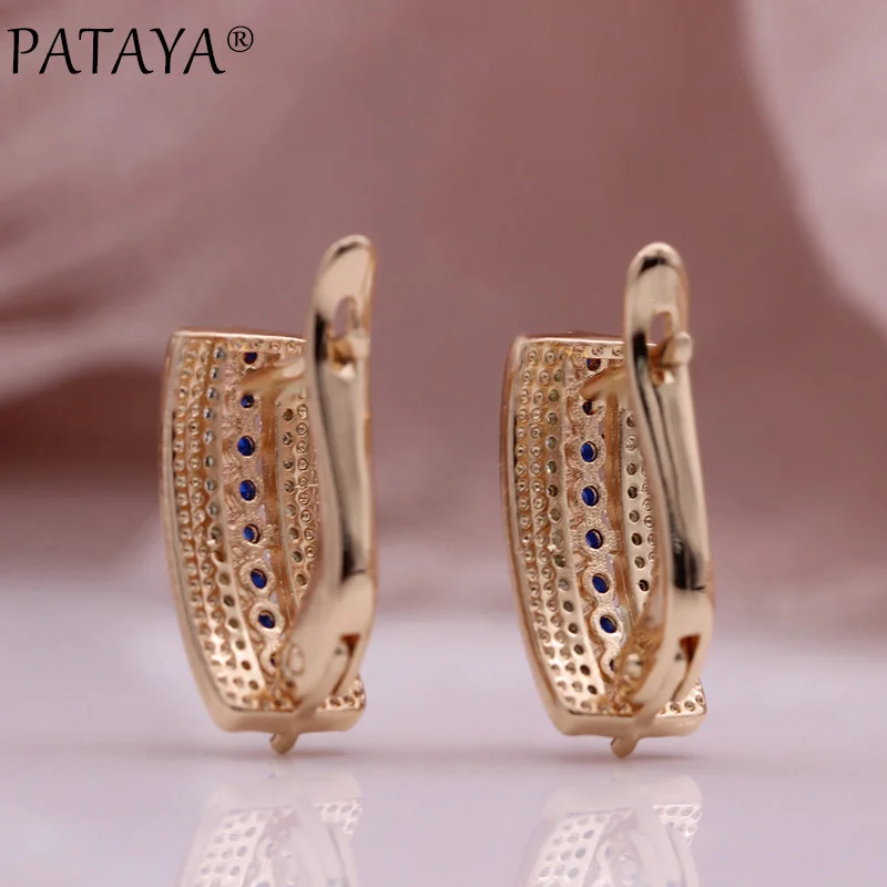 PATAYA New Square Blue Single Row Natural Zircon Unique Earrings 585 Rose Gold Color Drop Earrings Women Wedding Fashion Jewelry