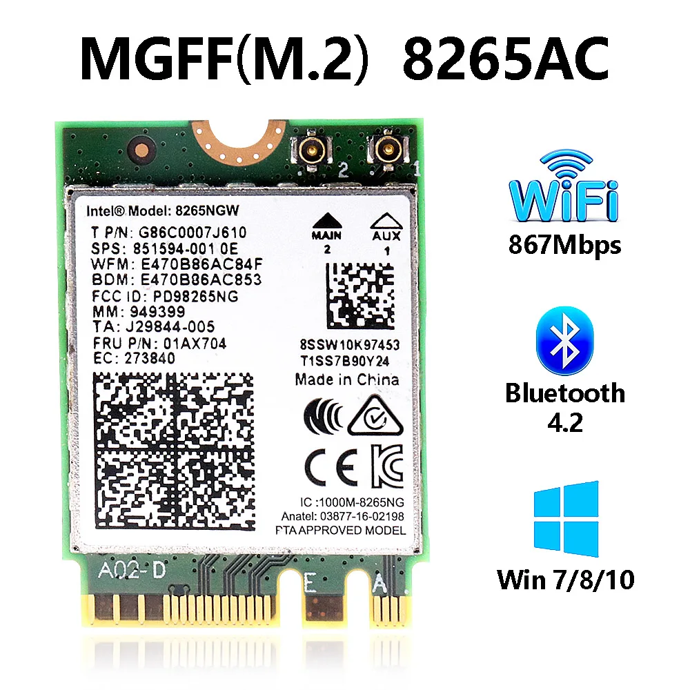 Wireless-AC 8265 8265NGW 851594-001 NGFF Dual Band 802.11ac 2.4G/5G 867Mbps WiFi Card + Bluetooth 4.2 for Intel Dell Toshiba