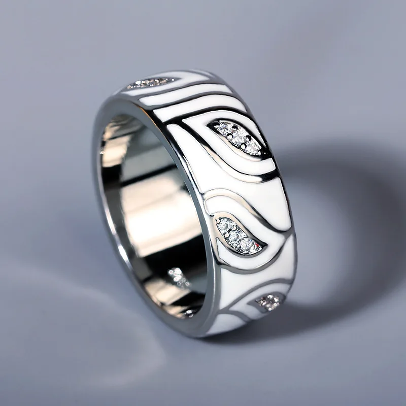 925 srebrne białe liście musujące CZ zestaw pierścionków z biżuterią Fine Jewelry ręcznie robiona biżuteria emaliowana dla kobiet