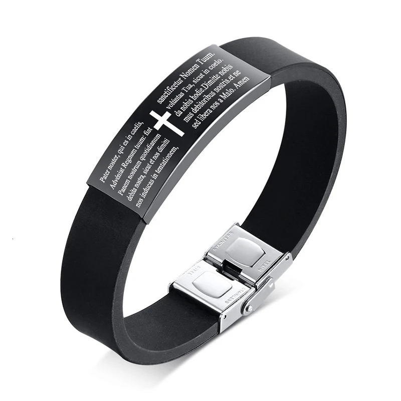 Vnox Spanish Bible Cross Prayer Bracelets for Men Woman Unisex Black Silicone Bangle Jewelry