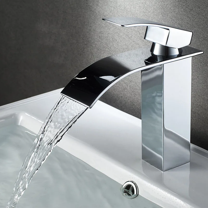 Bathroom Deck Mounted Basin Faucet Black Sink Tap Waterfall Cold and Hot Water Mixer Tap Brass Chrome Vanity Vessel Sink Faucets