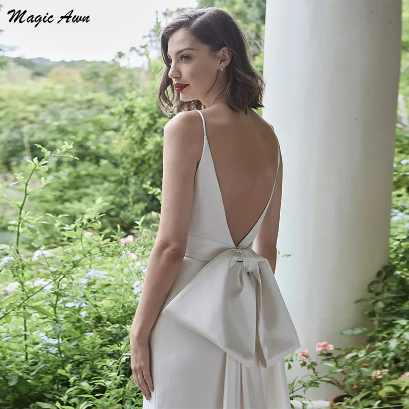 Magic Awn – robe De mariée en Satin, style Boho, dos nu, grand nœud, ceinture, Spaghetti, robe De plage, Simple, bon marché