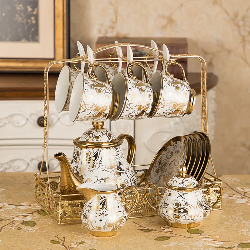 

16PCS Luxury European Teapot Ceramic Gold Pattern Tea Pot And Cup Set Tray Spoon Porcelain Coffee Mugs Tetera Home Decoration