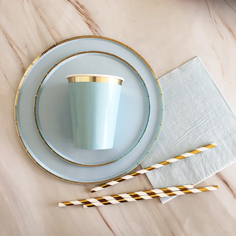 Gold Blue Party Disposable Tableware Paper Straw Cups Plates Napkins Baby Shower Favors Birthday Wedding Decor Party Supplies