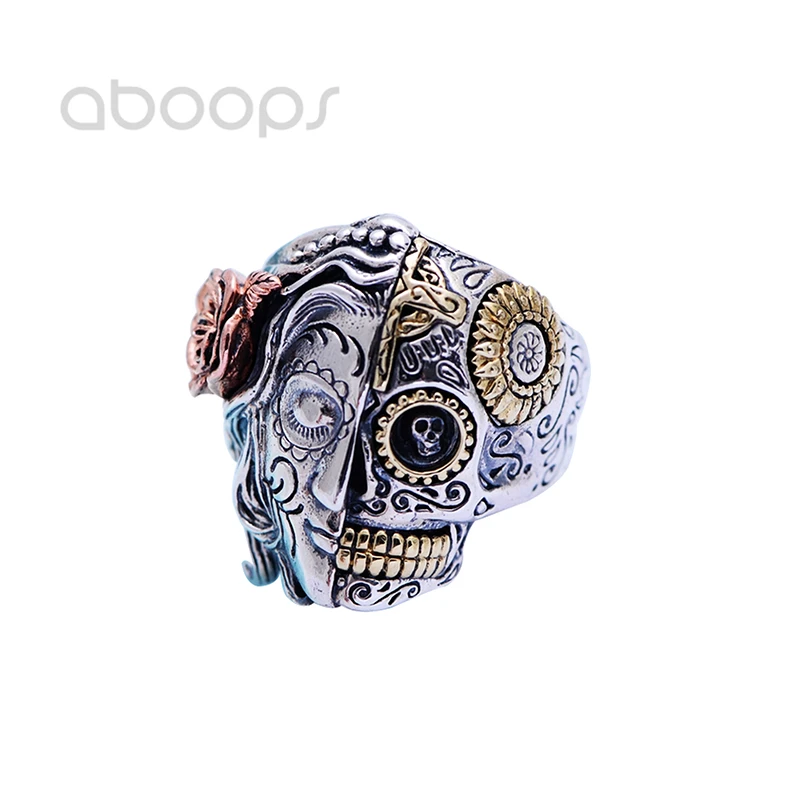 Three Tone 925 Sterling Silver Half Face Skull Ring Jewelry-Angels and Demons-for Men,Size 7.5-11,Free Shipping