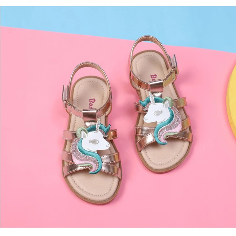 Unicorn girls sandals bright metallic kids girls sandals Adjustable customized fit princess summer shoes