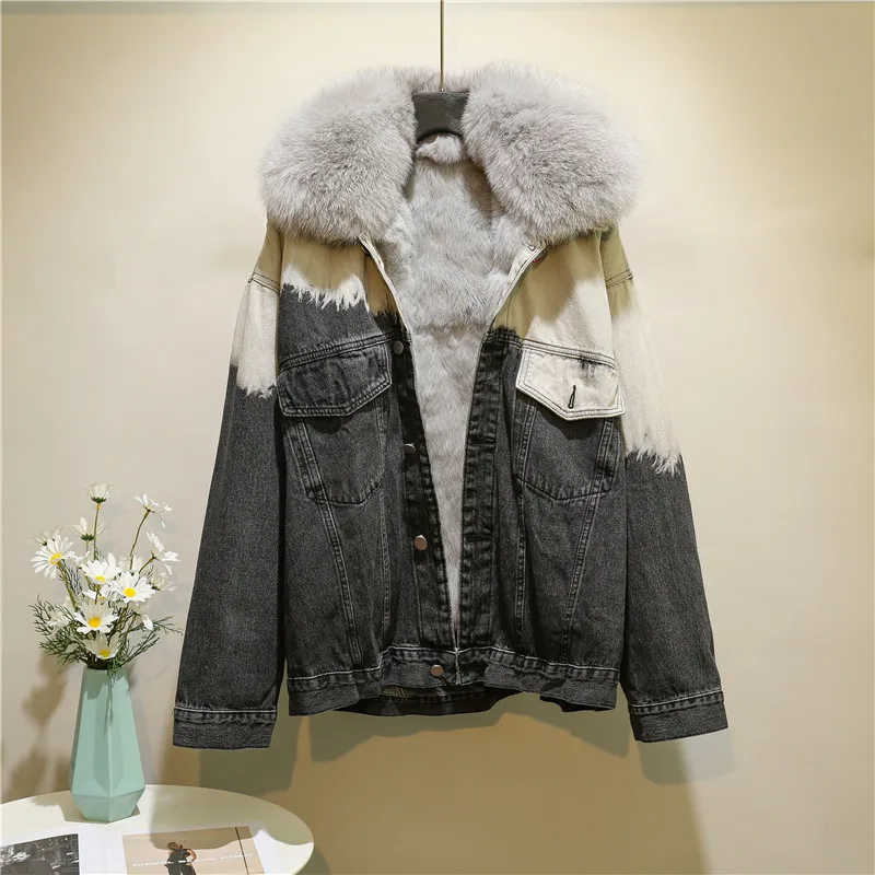 Women jacket autumn winter 2023 new fashion gradient color matching denim coat fox fur collar  velvet thick warm loose parka